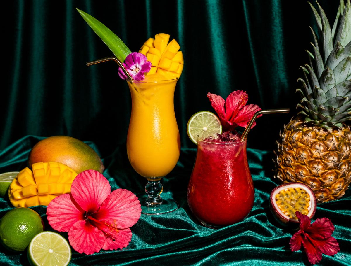 Two tropical cocktails on emerald velvet